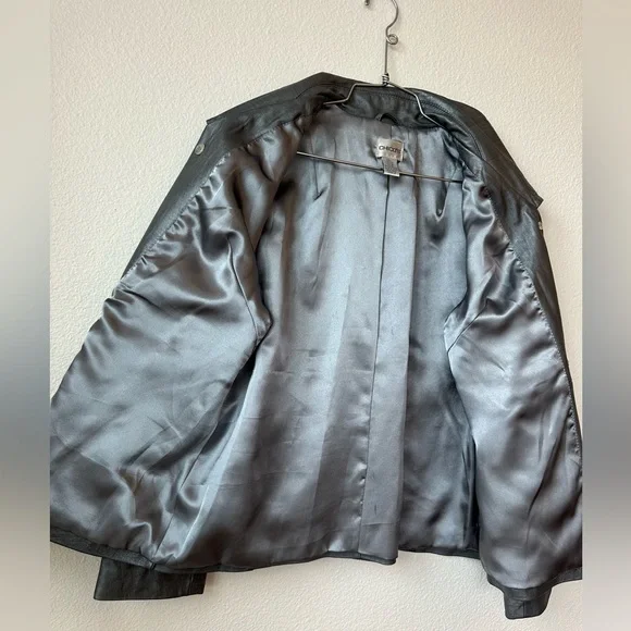 Chico’s Silver Shimmer Leather Collared Short Peacoat Jacket Coat Size 2 - Picture 7 of 9